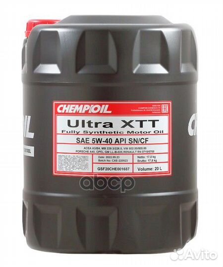 5W-40 Ultra XTT SN/CF(CH-4), A3/B4, 20л (синт