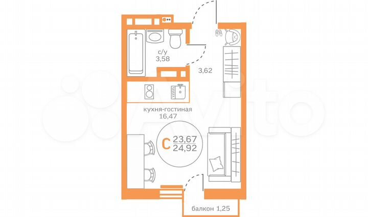 Квартира-студия, 23 м², 2/17 эт.