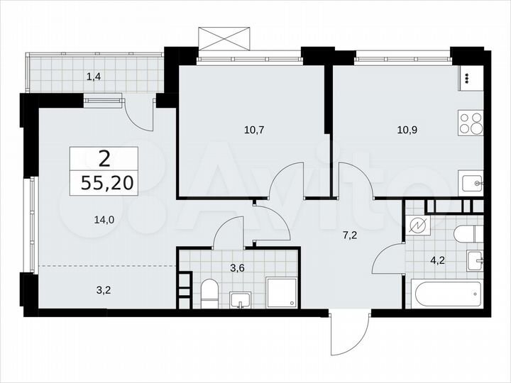 2-к. квартира, 55,2 м², 8/16 эт.