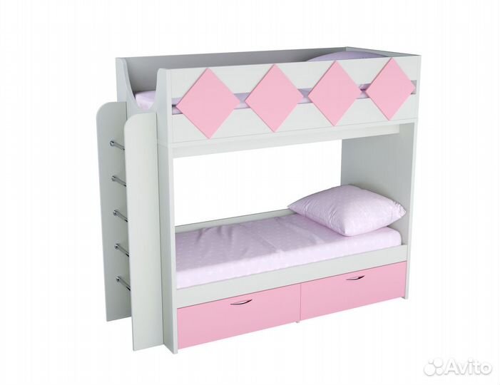 Кровать 2 яруса с металлической лестницей розовый