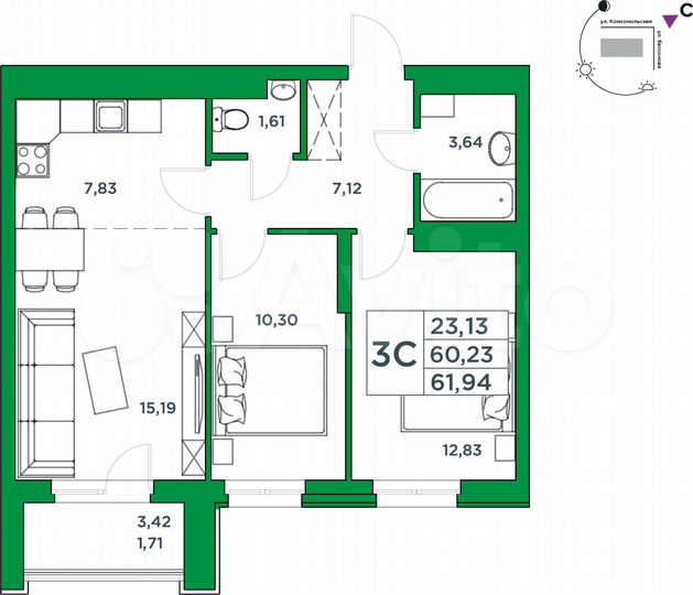 2-к. квартира, 60,2 м², 6/24 эт.