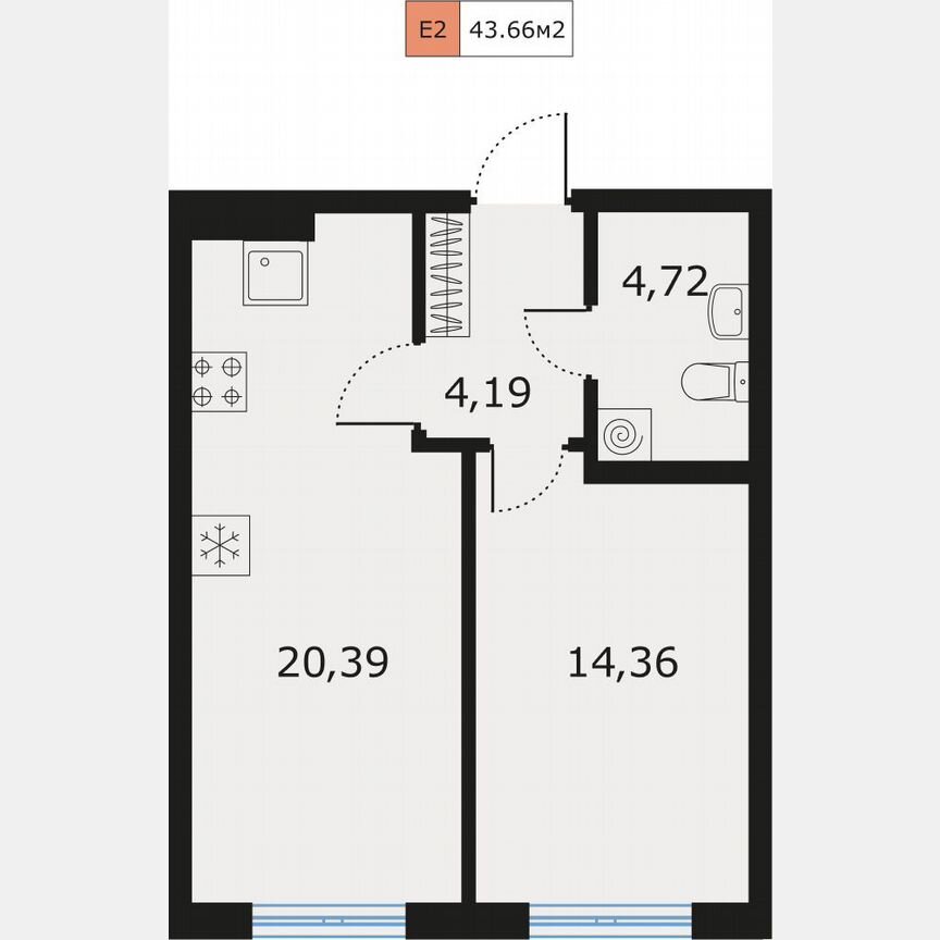 1-к. квартира, 43,7 м², 1/9 эт.