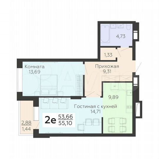 2-к. квартира, 55,1 м², 9/19 эт.