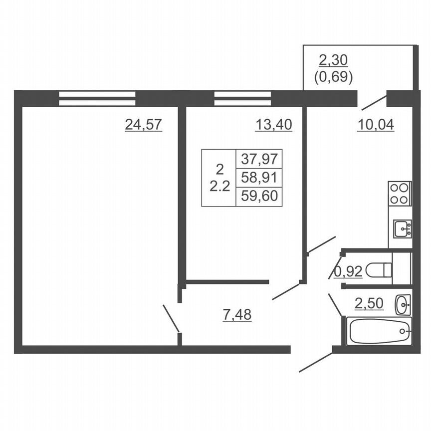 2-к. квартира, 59,6 м², 12/16 эт.