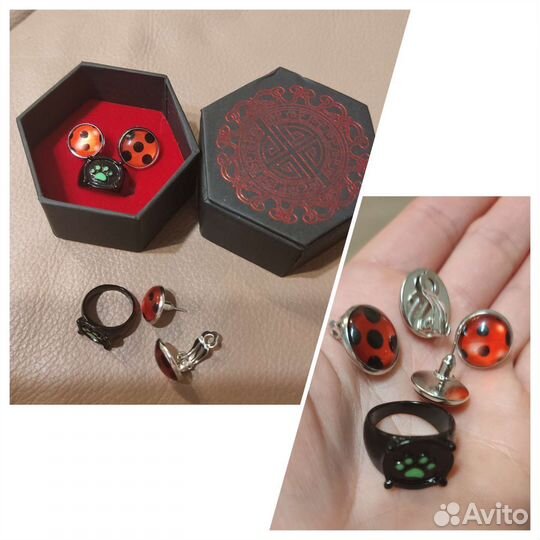 Серьги Леди баг+перстень суперкота в шкатулке