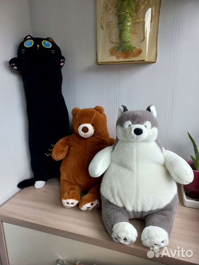 Игрушка подушка кот батон черный, хаска, мишка