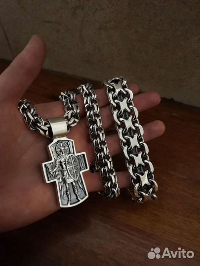 Серебряная цепь, крест и браслет