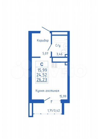 Квартира-студия, 26,2 м², 16/25 эт.
