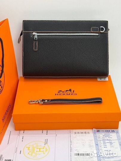 Клатч мужской натуральный кожа Hermes чёрный