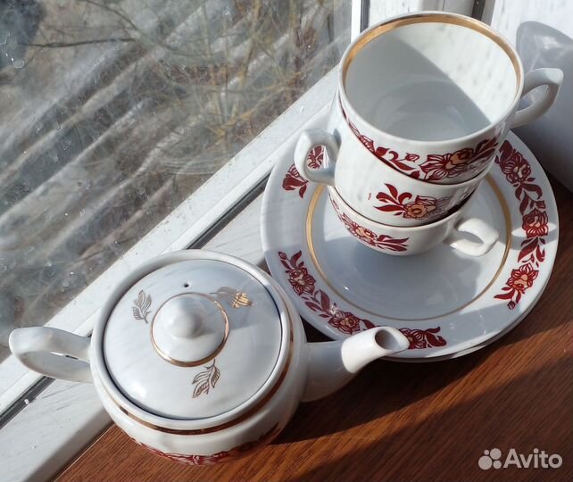3 чайные пары+чайник фарфор Богдановичи винтаж