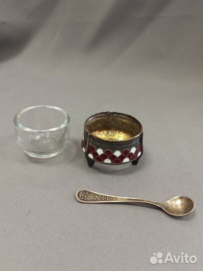 Солонка с ложечкой Мельхиор Эмаль СССР