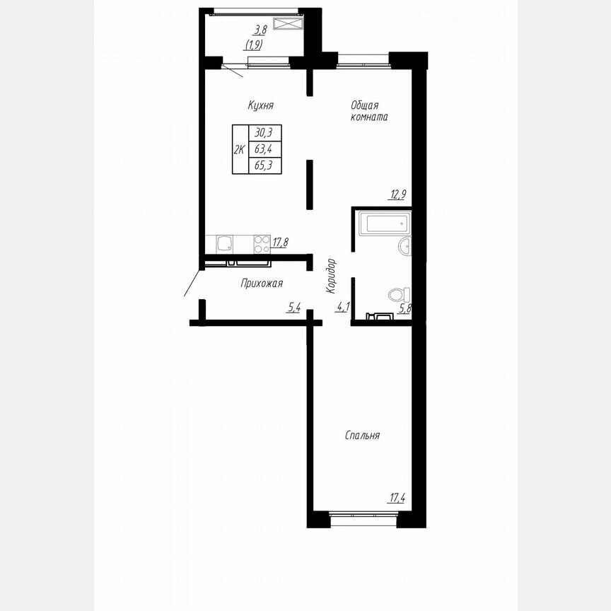 2-к. квартира, 65,3 м², 15/17 эт.