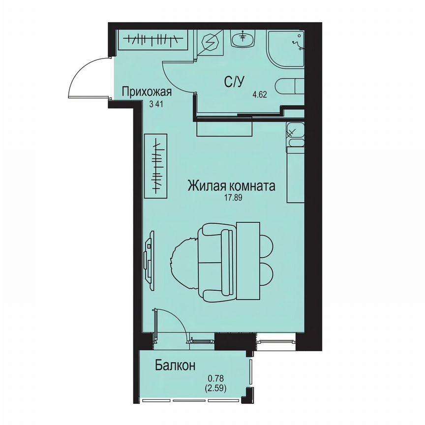 Квартира-студия, 26,7 м², 1/9 эт.