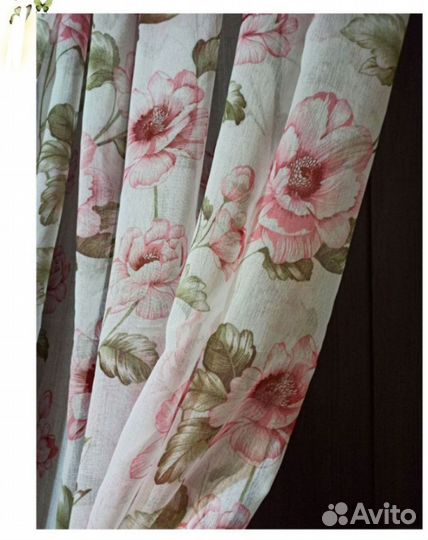 Тюль лён батист цветы розовый