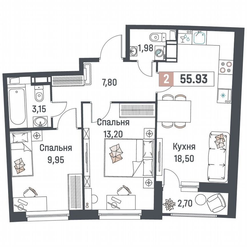 2-к. квартира, 55,9 м², 5/18 эт.