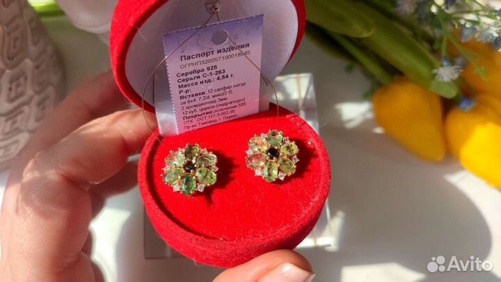 Серьги с зелеными сапфирами Сонгеа 7,2ct, 925/585
