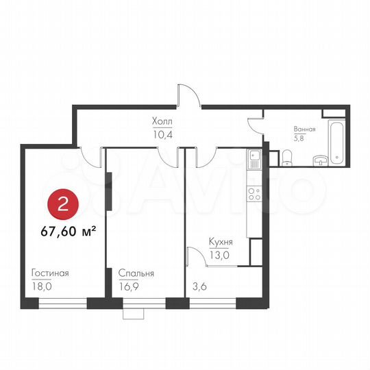 2-к. квартира, 67,6 м², 12/19 эт.