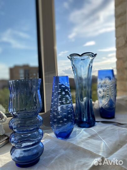 Ваза для цветов стекло СССР. Синее и кобальт