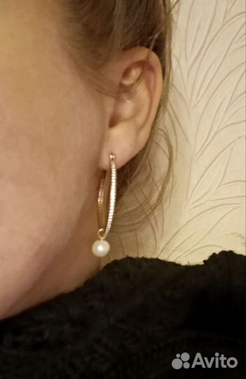 Серебряные серьги конго с позолотой и жемчугом