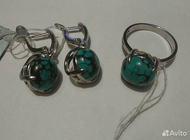 Серьги с перстнем бирюза