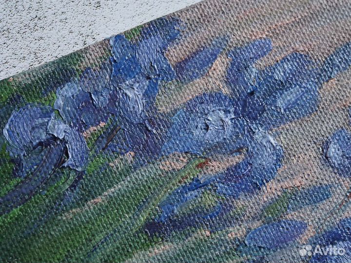 Картина маслом синие цветы Ирисы в саду