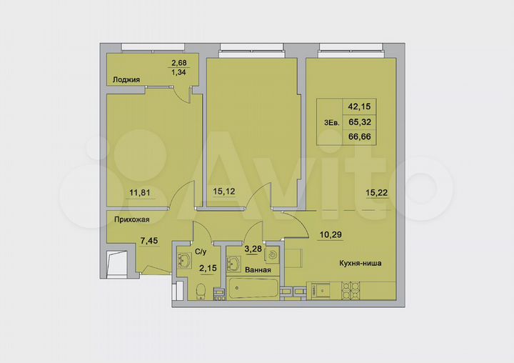 3-к. квартира, 66,7 м², 5/15 эт.