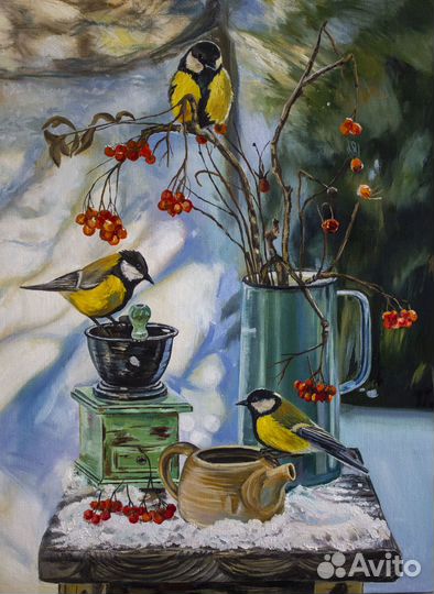 Картина маслом Зимний натюрморт с птичками
