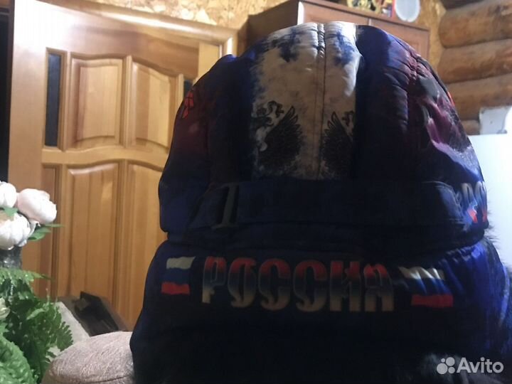 Шапка-ушанка с мехом шиншилы, макушка принт Россия