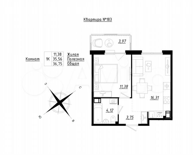 1-к. квартира, 36,8 м², 2/5 эт.