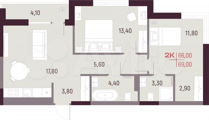 2-к. квартира, 66 м², 3/25 эт.