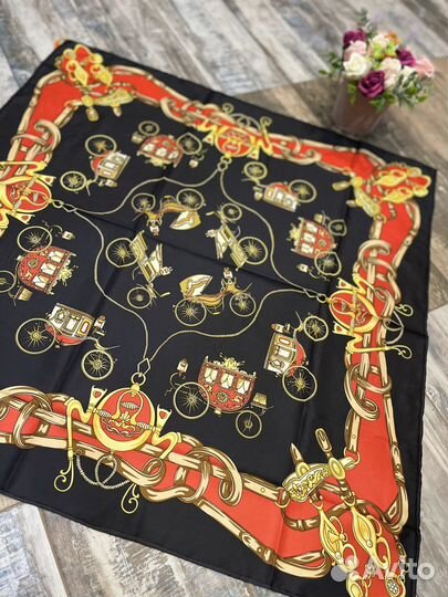 Шелковый платок бандана Hermes черный с красным