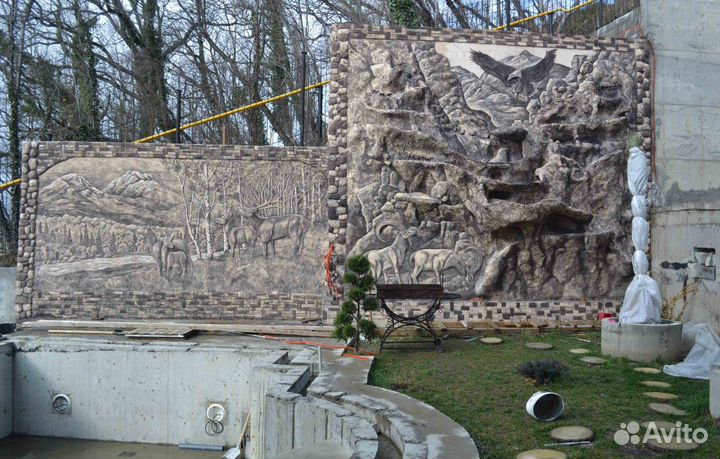 Водопады, барельефы, скульптуры, оформление террит