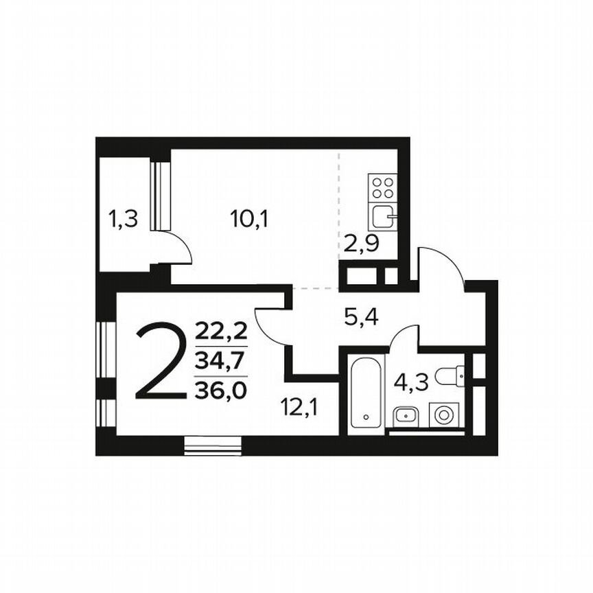2-к. квартира, 36 м², 12/12 эт.