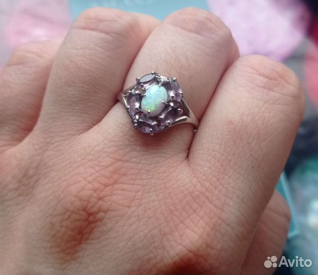 Кольцо серебро 925 с опалом и аметистами