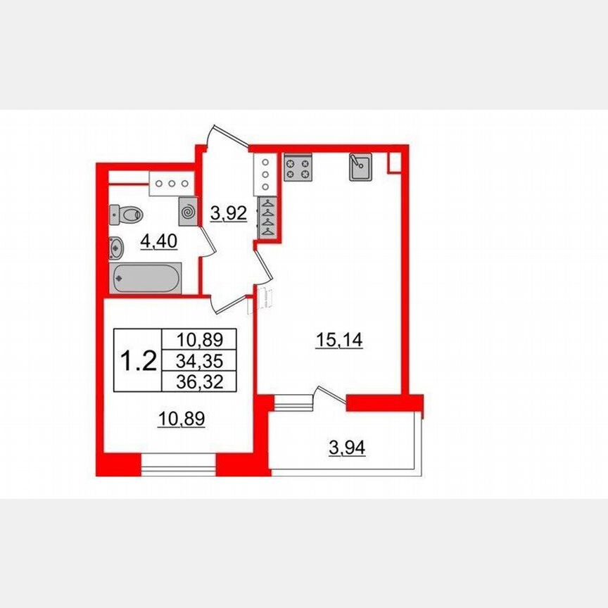 1-к. квартира, 34,4 м², 3/17 эт.