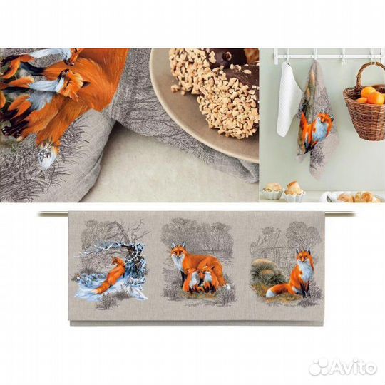 Ткань рогожка Лисы, для полотенец, подарочная