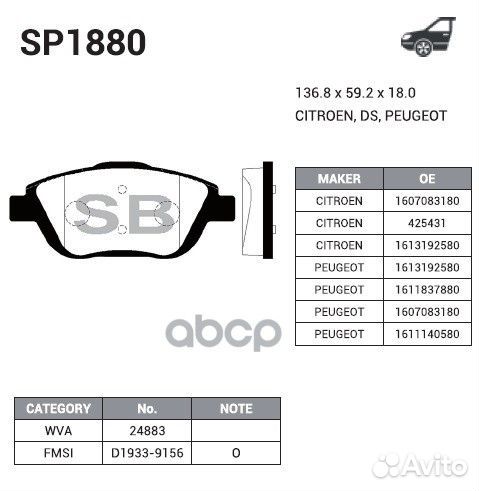Колодки тормозные дисковые Citroen C3 Picasso 1
