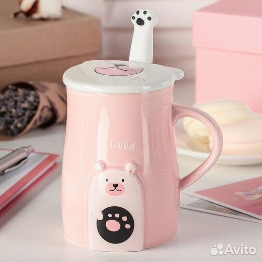 Кружка керамическая с крышкой и ложкой «Лапка», 35