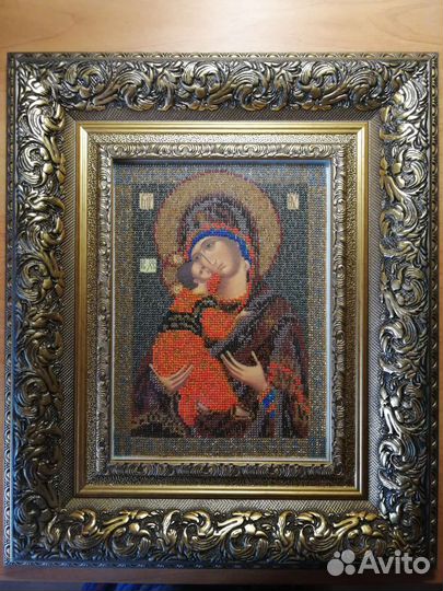 Икона Владимирской Божьей Матери, расшитая бисером