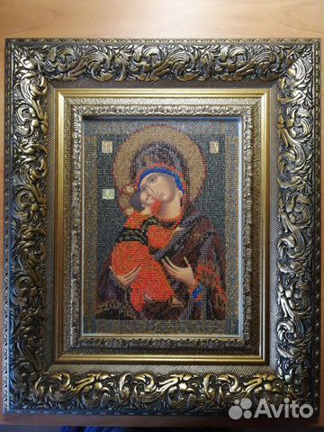 Икона Владимирской Божьей Матери, расшитая бисером