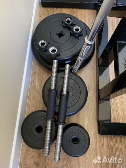 Штанга, гантели, скамья, стойки, блины