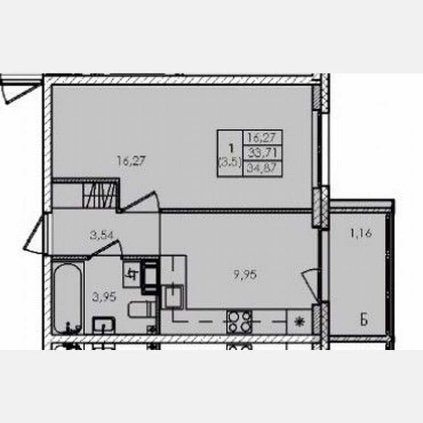 1-к. квартира, 34,9 м², 3/4 эт.