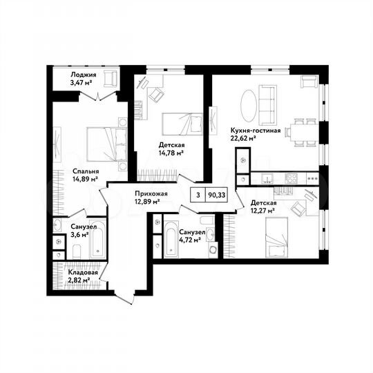 3-к. квартира, 90,3 м², 22/25 эт.