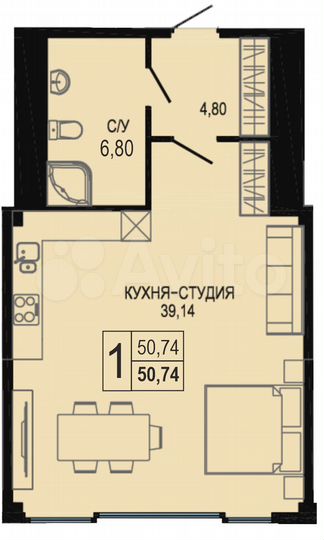 Апартаменты-студия, 50,7 м², 6/7 эт.