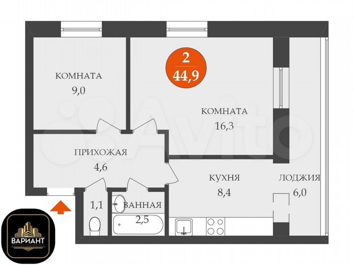 2-к. квартира, 44,9 м², 4/4 эт.