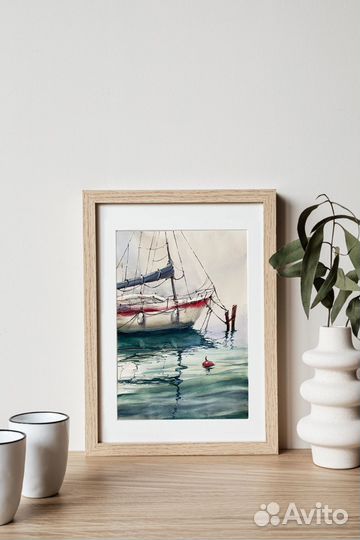 Интерьерная Акварельная картина Парусник Море