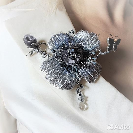 Кулон-брошь и кольцо Маки:кутюрная вышивка,самоцве