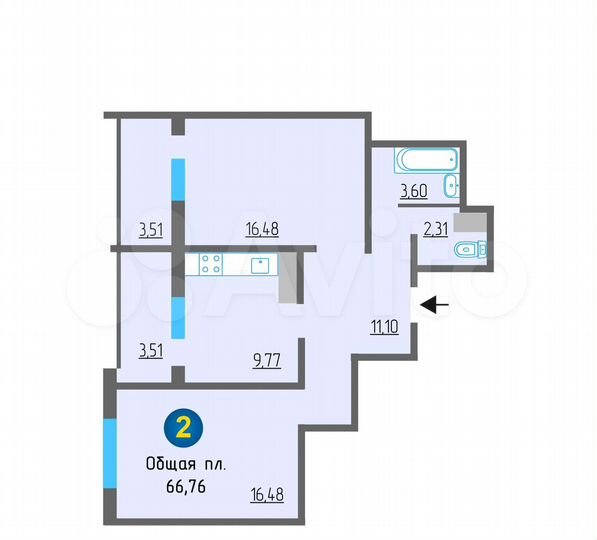 2-к. квартира, 62 м², 6/10 эт.