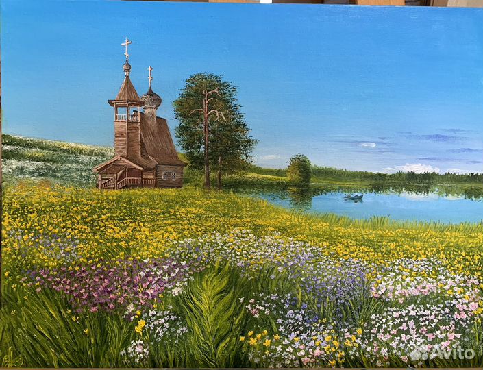 Картина маслом летний пейзаж храм