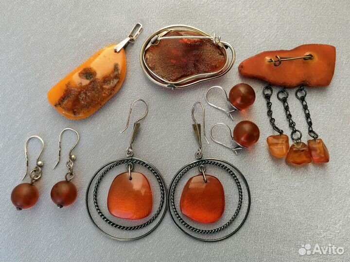 Янтарь, желток, серьги броши кулон серебро СССР